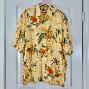 Hilo Hattie 100% Silk Yellow Orange Green Tropical Floral Men's Shirt Medium